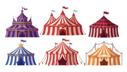 Circus tent vector illustration set featuring colorful red white purple and blue striped carnival big top marquees © moinul