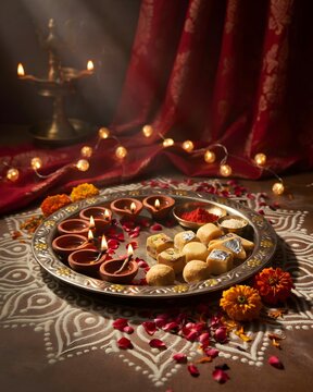 Luxurious Happy Bhai Dooj Greeting with Diwali Lamps and Sweet Delicacies
