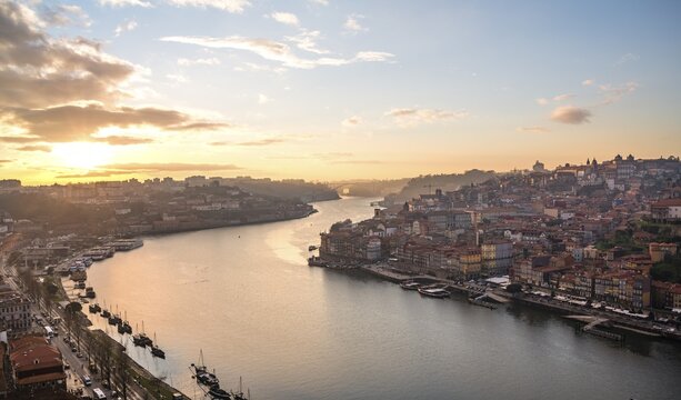 View over Porto with river Rio Douro at sunset, Porto, Portugal