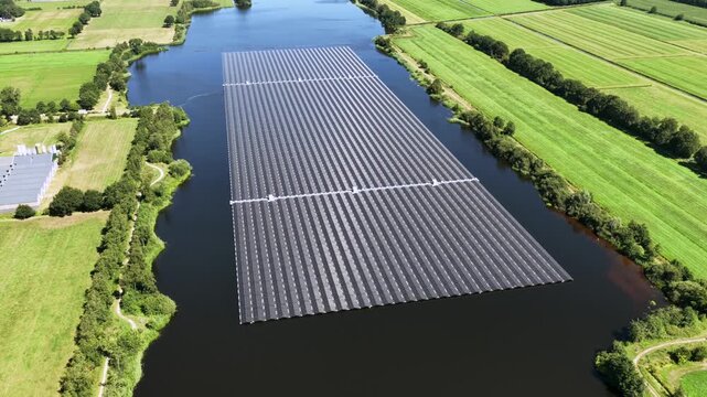 Aerial view of floating solar panels on a lake in Friesland, the Netherlands