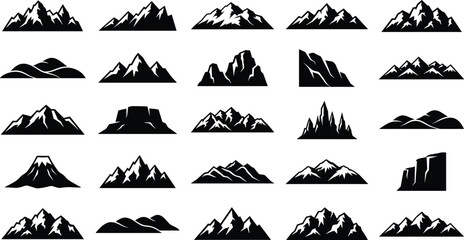Fototapeta premium Set of various mountain silhouettes, black and white of mountain ranges and peaks, isolated on a white background, landscape