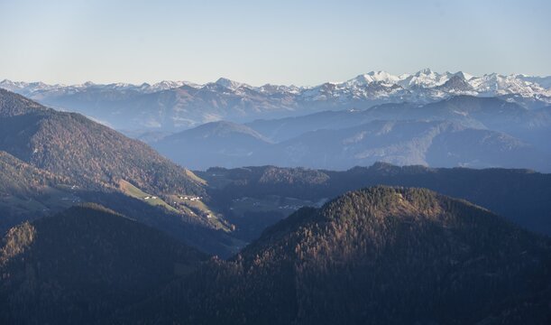 Snow-covered Alps and mountains, view of mountains from the summit of Guffert, Brandenberg Alps, Tyrol, Austria