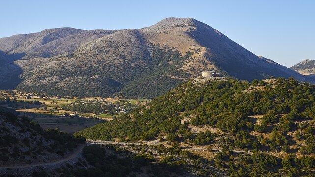 Askifou Fortress, Shady slopes on a mountainous landscape with striking ruins, Lefka Ori, White Mountains, Askifou Plateau, Askifou, Sfakia, West Crete, Crete, Greece