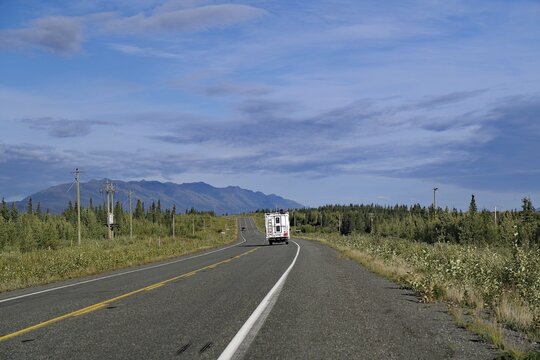 Endless road, with single motorhome, forest, wilderness, Alaska Highway, Yukon Territory, Canada