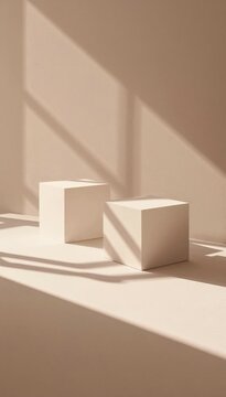 Soft-edged cubes cast unusually long shadows that slowly shift across a refined studio floor.