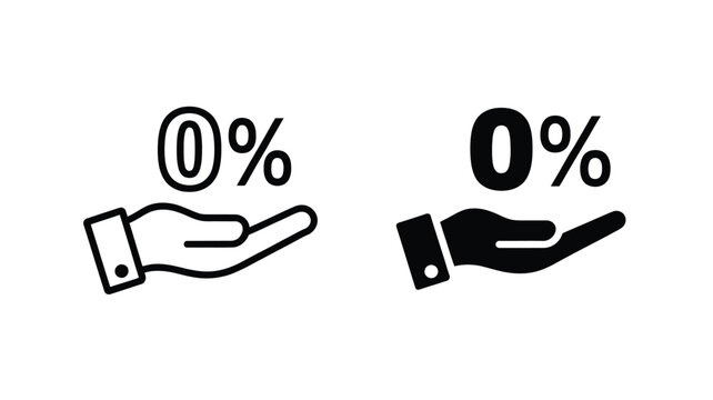 Set of two zero percent held in a hand, one solid black silhouette and one outline style, financial interest rate or discount concept