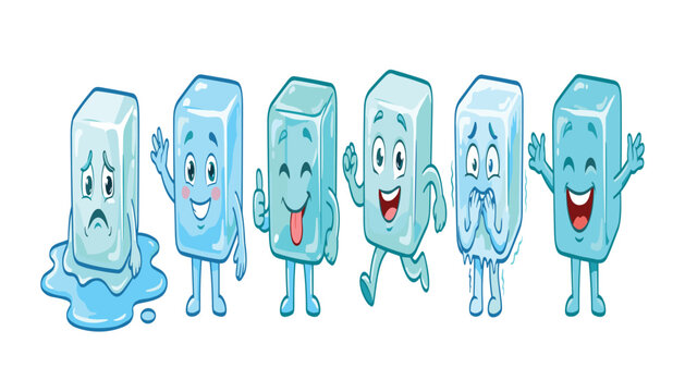 Cute ice cube cartoon character set featuring funny emoji expressions melting frozen block faces walking laughing shivering vector illustration