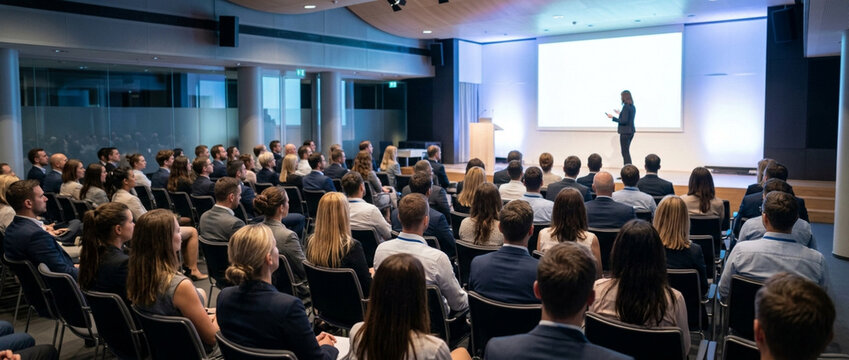 Business conference audience listening to speaker on stage, presentation and event
