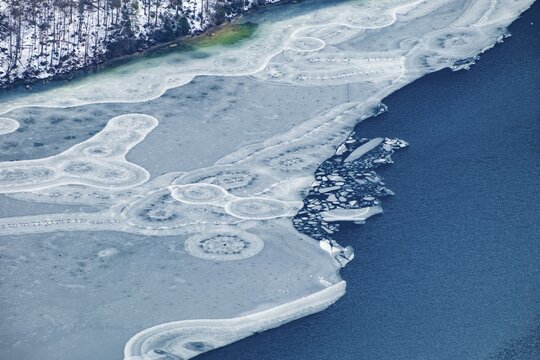 Abstract patterns in the ice of the partly frozen K&ouml;nigssee, detailed view, Berchtesgaden National Park, Sch&ouml;nau am K&ouml;nigssee, Berchtesgadener Land, Upper Bavaria, Germany