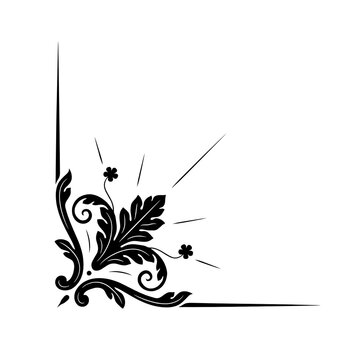 Black decorative corner flourish with leaves and floral accents isolated on a transparent background