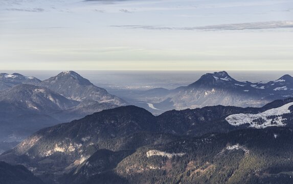 View into the Inn valley and Alpine foothills, view from the Hohe Salve, Tyrol, Austria