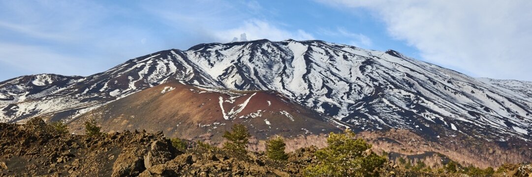 Panorama shot, reddish brown lava hill, snow, mountain, Etna, volcano, eastern Sicily, Sicily, Italy