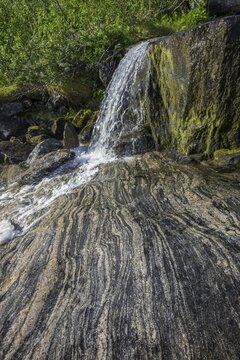 Streambed with rock structures, at Mt Keipen, Senja Island, Troms, Norway