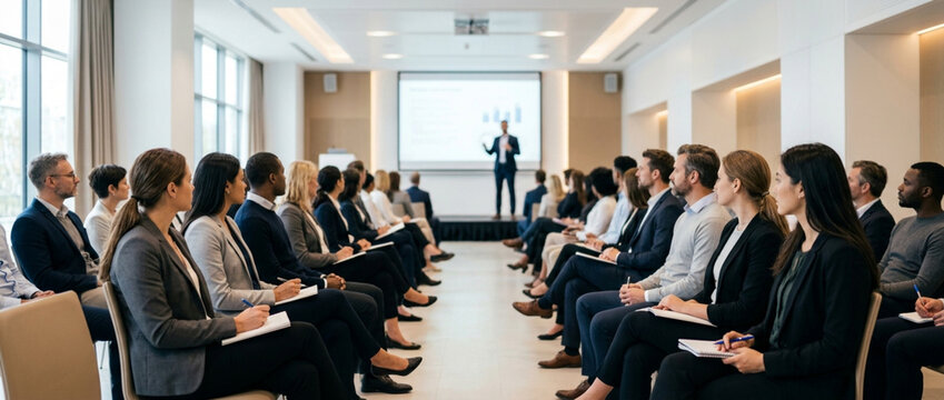 Business Conference Presentation Audience and Speaker in Modern Meeting Room