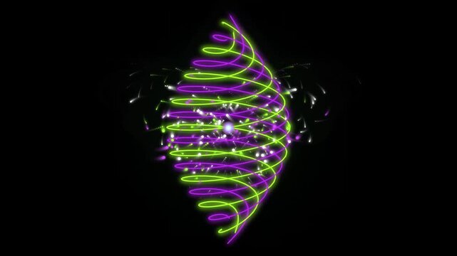 Abstract neon glowing double helix spiral structure on black background