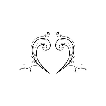 Black ink scrollwork forming a symmetrical heart shape isolated on a transparent background