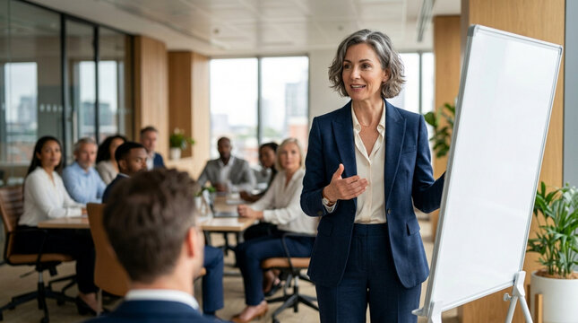 Confident Female Leader Presents Business Strategy at Meeting