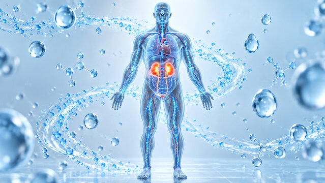 Medical visualization of the human urinary system with highlighted kidneys surrounded by flowing water and droplets. Ideal for kidney health, hydration, renal care and healthcare education.