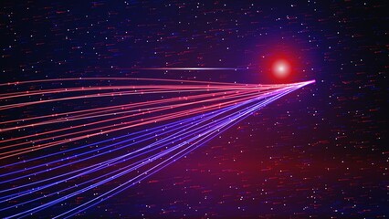 Red light trails sweep across space towards a glowing red orb in a dark starfield. © Ali