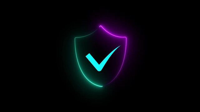 Glowing neon security shield with cyan checkmark line icon animation loop on dark black background for cyber protection and data safety UI overlay