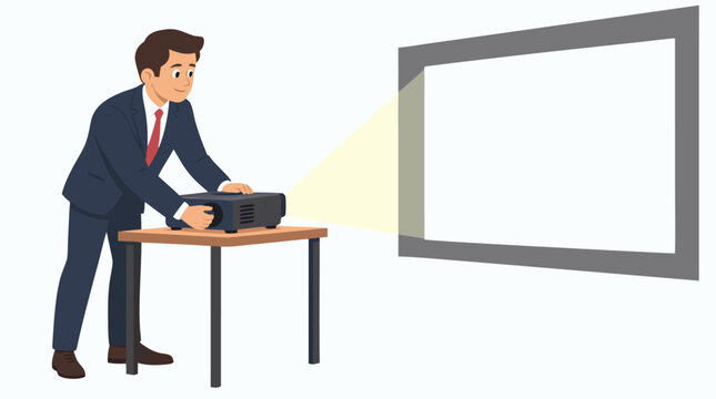 Businessman in suit adjusting office projector on table to align perfectly squared image on projection screen, flat vector illustration for business presentation setup concept isolated on white