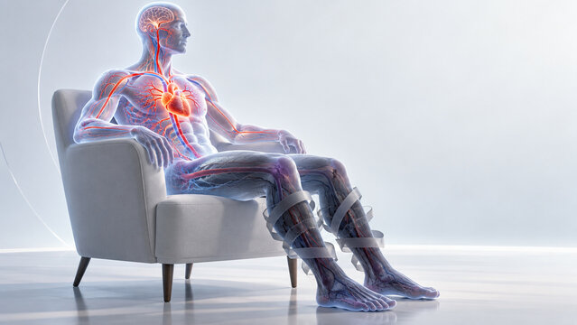 Conceptual medical visualization of a seated human body with glowing muscles, nerves and circulation. Ideal for sedentary health, posture, anatomy, rehabilitation and wellness content.