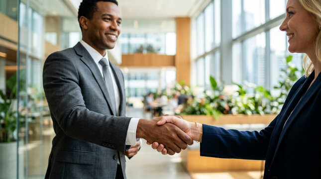 Diverse business colleagues shaking hands in modern office, successful deal