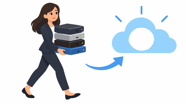Young businesswoman carrying stack of external hard drives toward glowing blue cloud with upload arrow, data migration backup storage transfer concept flat vector illustration isolated on white