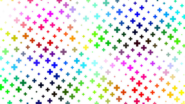 Colorful mosaic pattern consisting of various plus signs arranged in a vibrant repeating grid design