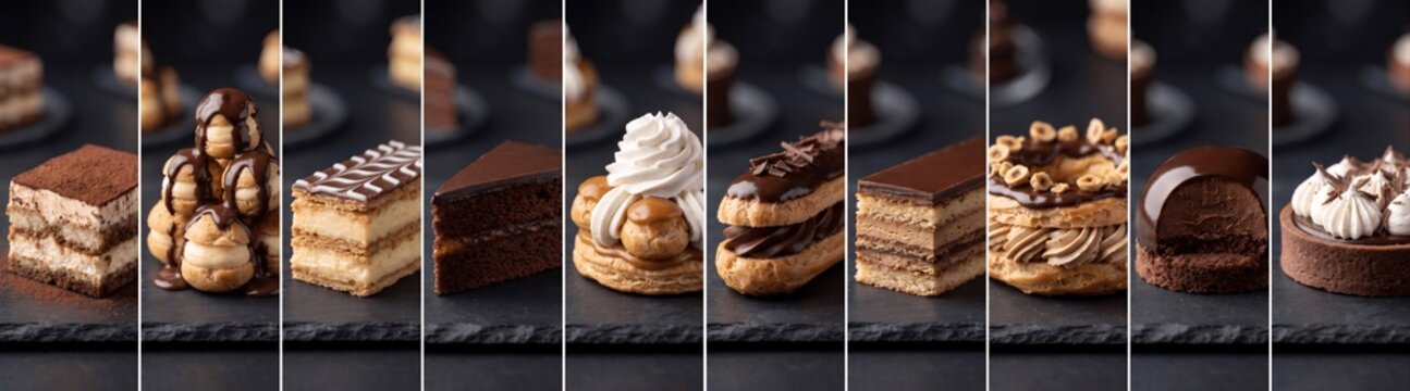 French pastry collage featuring tiramisu, profiteroles, mille-feuille, sachertorte, saint-honore, chocolate eclair, opera cake, paris-brest, mousse dome and chocolate tart on dark background   
