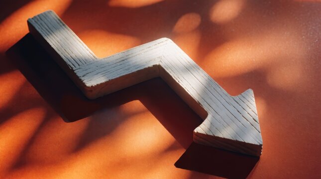 White wooden arrow pointing down on an orange background with natural