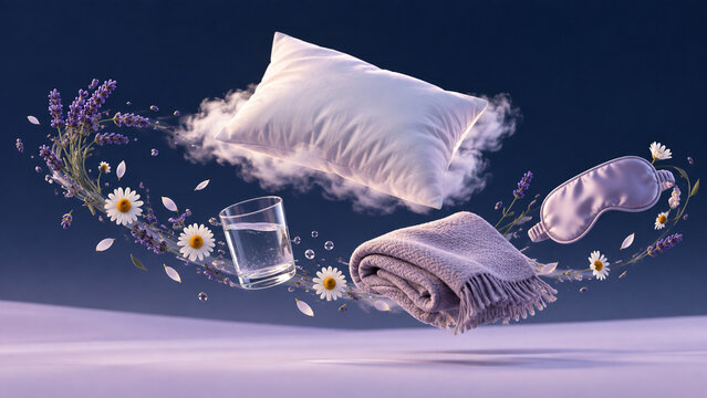 Dreamy sleep and relaxation concept with floating pillow, soft blanket, sleep mask, water and delicate flowers. Ideal for wellness, bedtime, self-care, recovery and healthy lifestyle content.