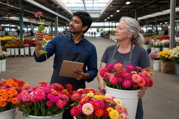 Fototapeta premium Flower Auction Operations - Grading Zinnia Lots in Public Market Lane