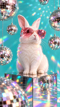 Stylish white rabbit wearing pink sunglasses surrounded by sparkling disco balls on a turquoise background. Ideal for party, fashion, celebration and playful editorial content.