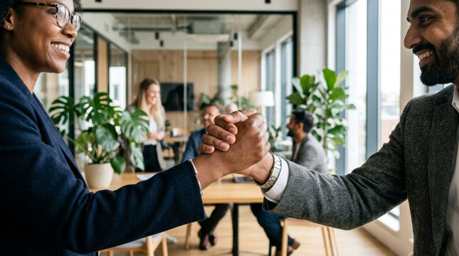 Diverse business partners shaking hands in modern office, successful teamwork concept