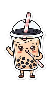Adorable boba milk tea character with a smiling face, straw and tapioca pearls, illustrated in a cute kawaii cartoon style and isolated on a white background.