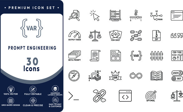 Prompt Engineering 30 Outline Icons Vector Set Illustrating Artificial Intelligence Parameters, Code Variables, Tokens, and Language Model Optimization Concepts