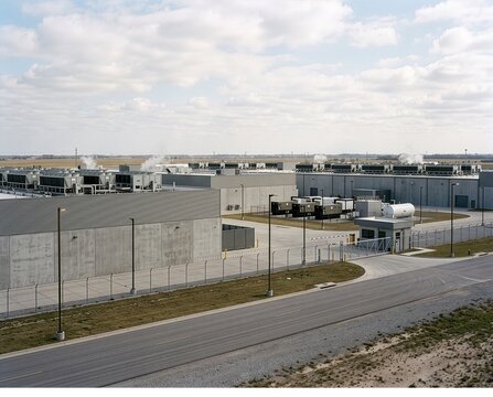 Exterior of large hyperscale data centre campus at blue hour with rooftop cooling units, electrical substation, power lines and security fencing, cloud computing infrastructure and energy demand
