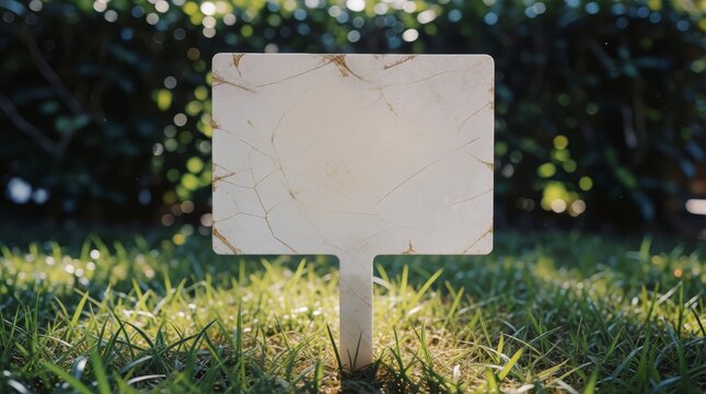Blank white sign board with cracked texture standing in green grass