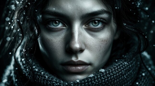Close up portrait of young woman with cold emotionless face. Pale skin, blue eyes stare forward. Wears thick knitted scarf in winter weather. Snowy atmosphere with frost on hair, clothing. Moody