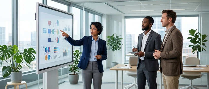 Diverse business team analyzes presentation chart on interactive screen