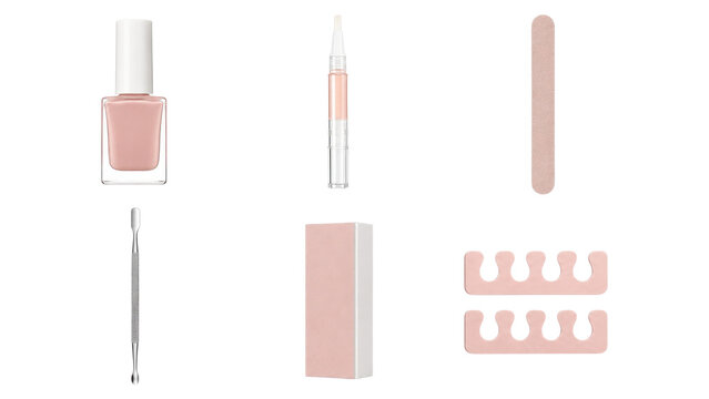 Pale pink manicure and pedicure kit with polish, cuticle tools, files and toe separators