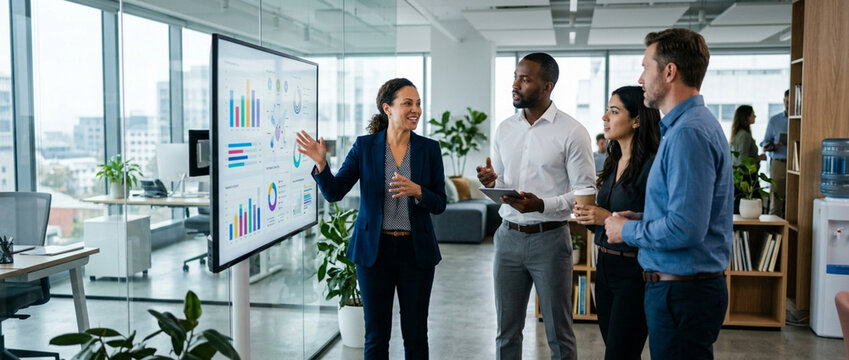 Diverse business team analyzing charts on a digital screen in a modern office.