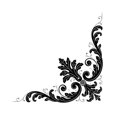 Black baroque corner ornament with ornate floral filigree swirls isolated on a transparent background