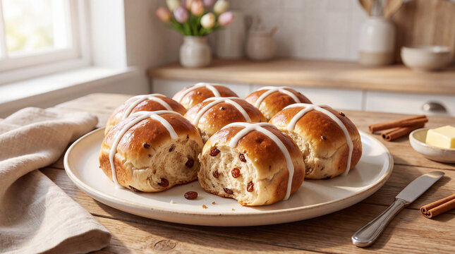 Hot cross buns with raisins and white icing arranged on a ceramic plate in a sunlit home kitchen, with cinnamon sticks, butter and soft tulips creating a warm Easter baking still life.