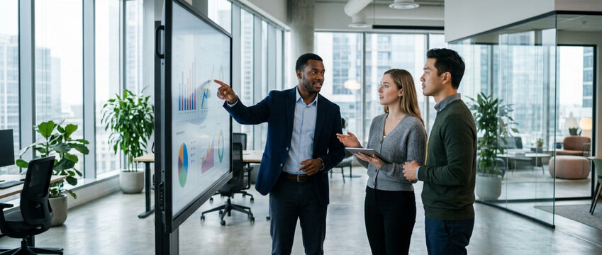 Diverse team collaborating on data analytics presentation in modern office