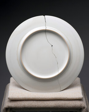 A broken white ceramic dinner plate resting on a stack of folded beige linen fabric against a dark grey background, in a studio setting