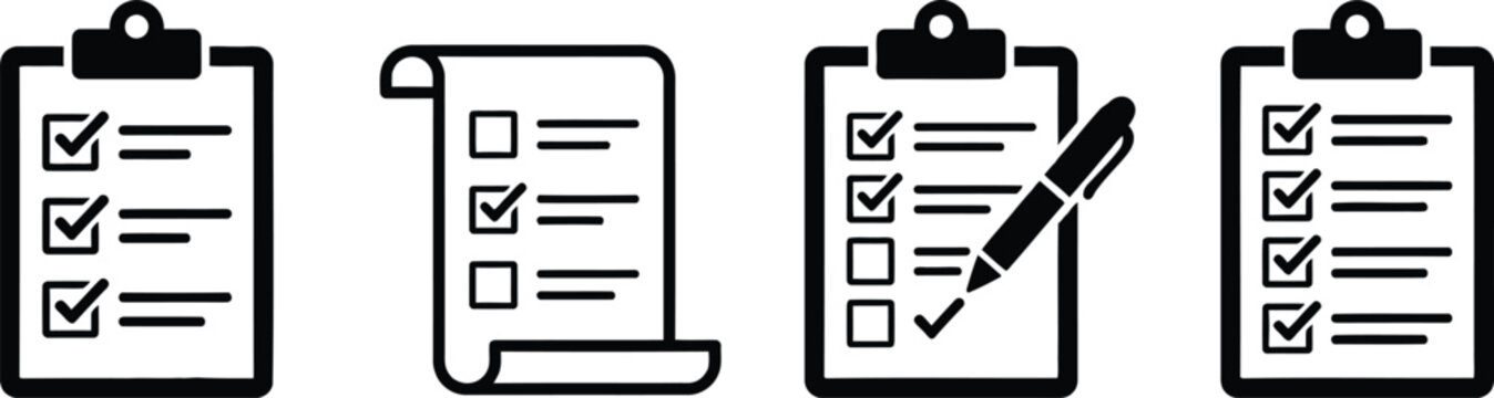 Clipboard checklist and todo list icons in black line art style for task management.