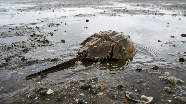Horseshoe Crab Moving Across Tidal Flat