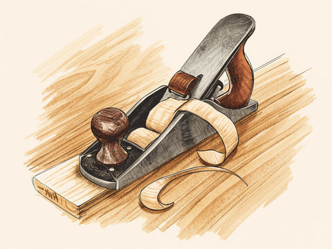 A detailed watercolor painting of a carpenter hand plane on a wooden board, surrounded by wood shavings, capturing the essence of woodworking